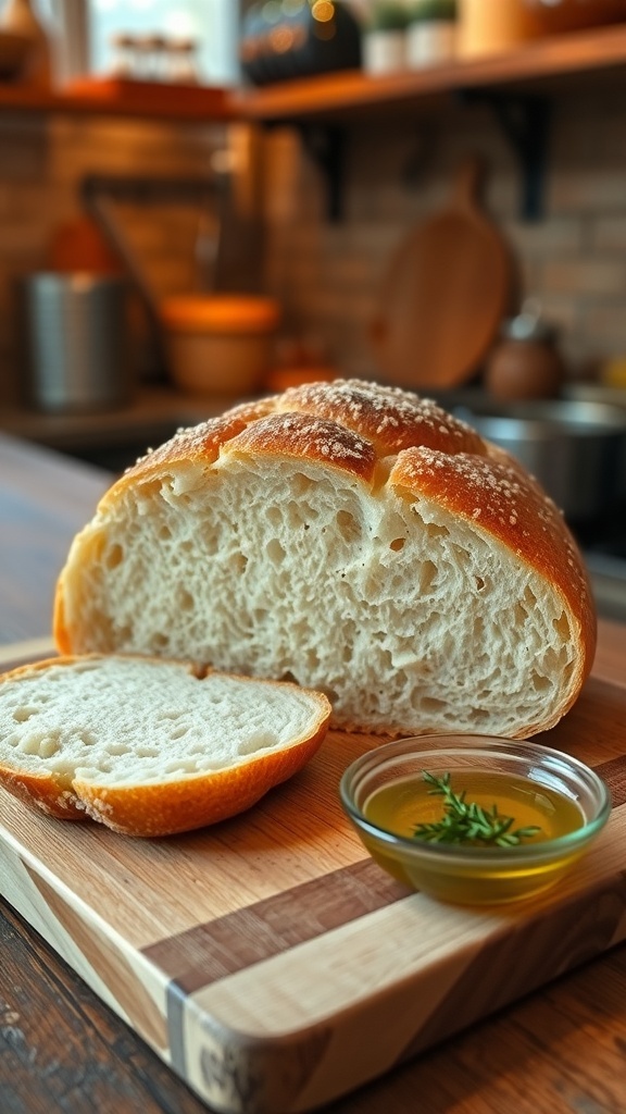 A golden crusted loaf of bread sliced on a cutting board, with olive oil and herbs in the background.